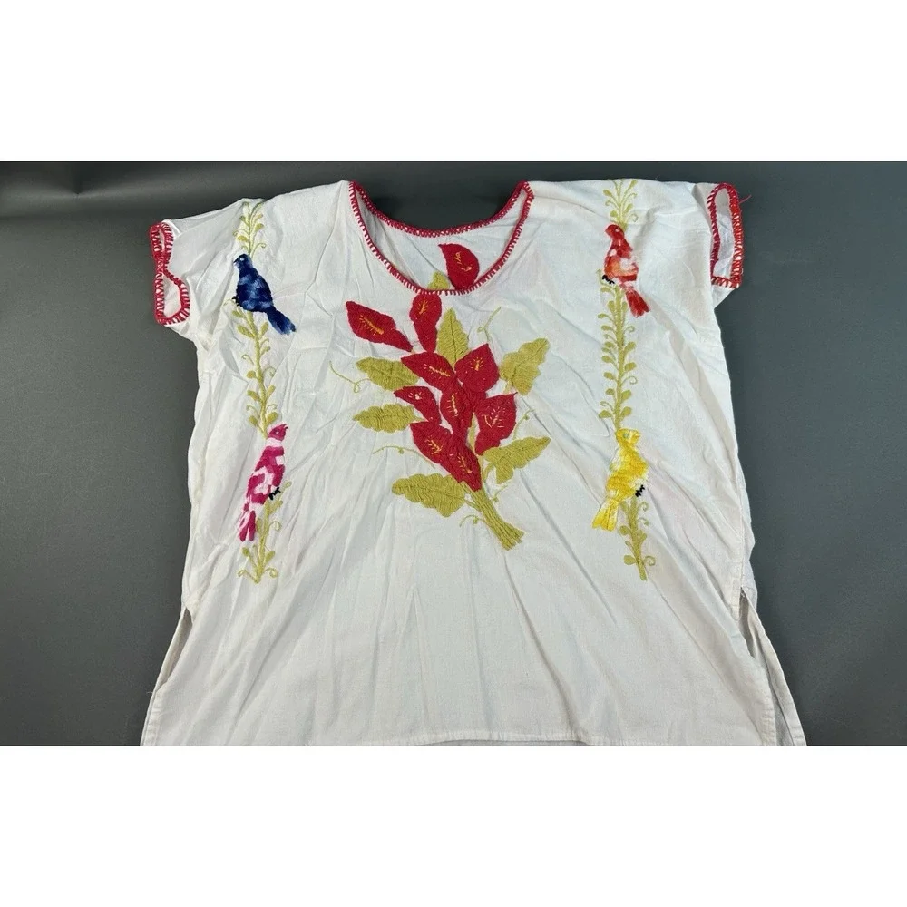 Hand Embroidered Mexican Bird Floral Tunic Blouse White Cotton Boho Folk Est Lg